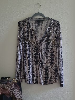 INC International Concepts Black and Cream Snake Print Blouse